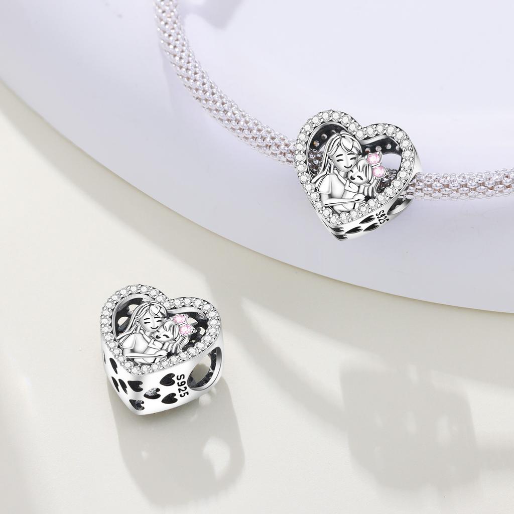 Orstarry S925 Silver Charm Loving Mom and Child Heart Bead Pendant For Bracelet DIY Jewelry Making Mother's Day Gift