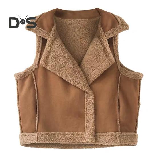 Women Waistcoat Sleeveless Lapel Double-Breasted Short Style Solid Color Casual Cardigan Thickened Velvet Lining Vest Coat