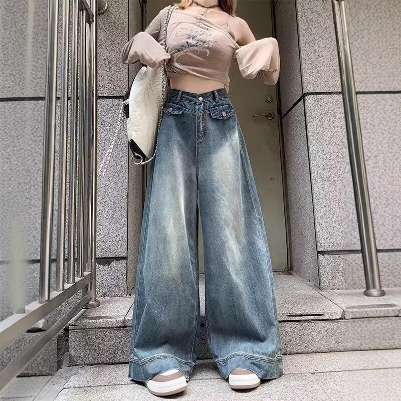 Women's High Waist Wide Leg Jeans - Retro Loose Fit, Plus Size, Floor Length, Fake Pockets