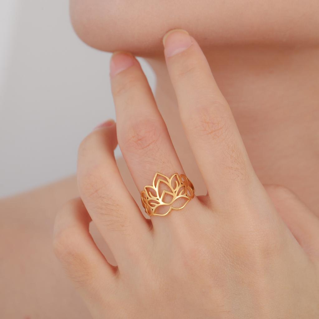 LIKGREAT Lotus Flower Ring Minimalist Lotus Rings Stainless Steel Jewelry Buddhism  Spiritual  Protection Amulet For Women Gift