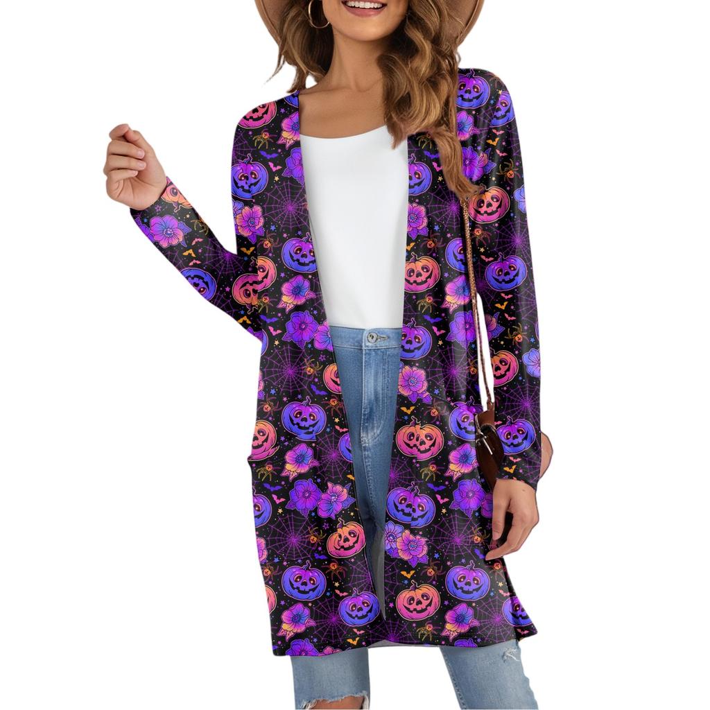 Women's Fashion Casual Comfortable Halloween Printed Mid-Length Cardigan With Pockets Jacket