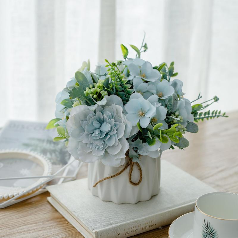 Artificial Flowers with Small Ceramic Vase Faux Roses Plants Eucalyptus Leaves Berries Flower Arrangements Decorations for Home