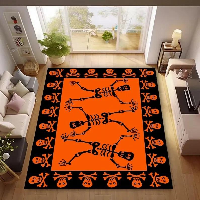 Halloween Pumpkin Head Witch Castle Bat Night Theme Printed Carpet Large Carpet for Living Room, Bedroom Holiday Decoration