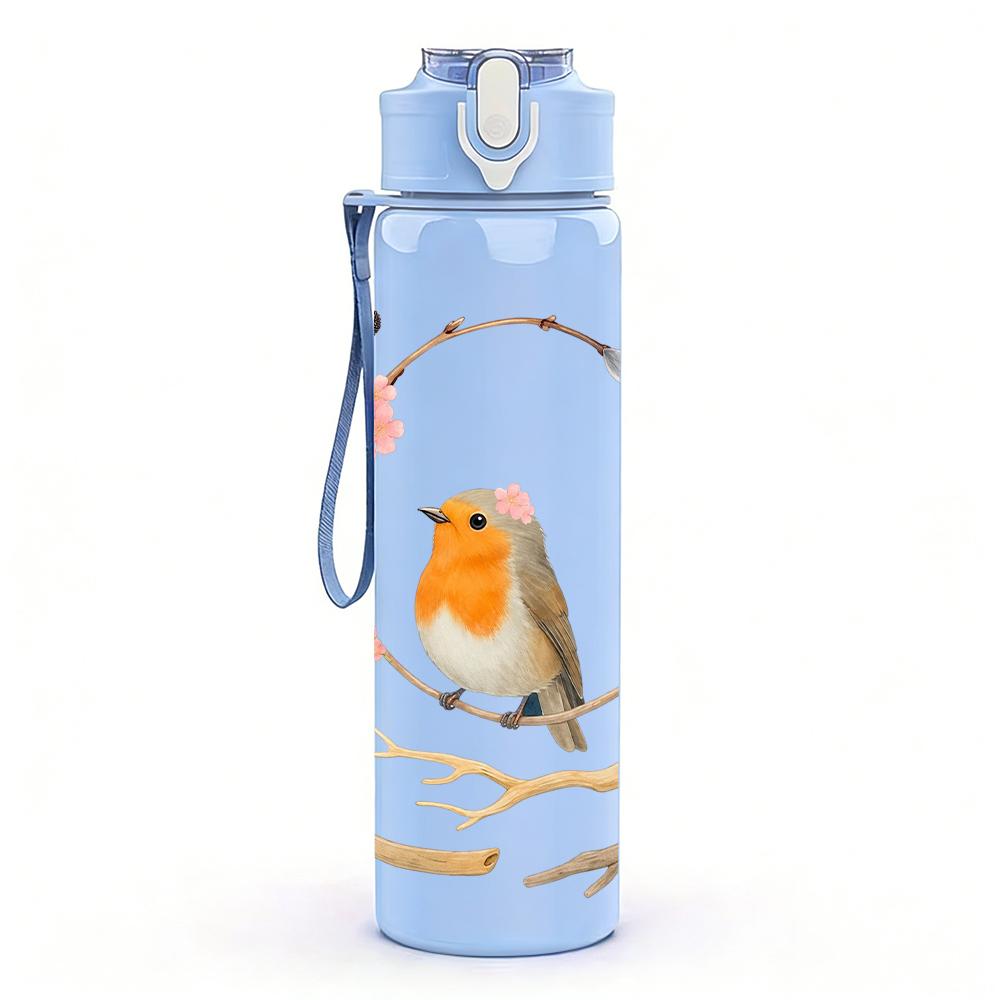 1PZ Ghirlanda Uccello Pettirosso su Ramo 750ml Colore Plastica Borraccia Sportiva Anti-perdita Tappo a Flip con Cannuccia Adatto per Sport Ufficio Uso Domestico