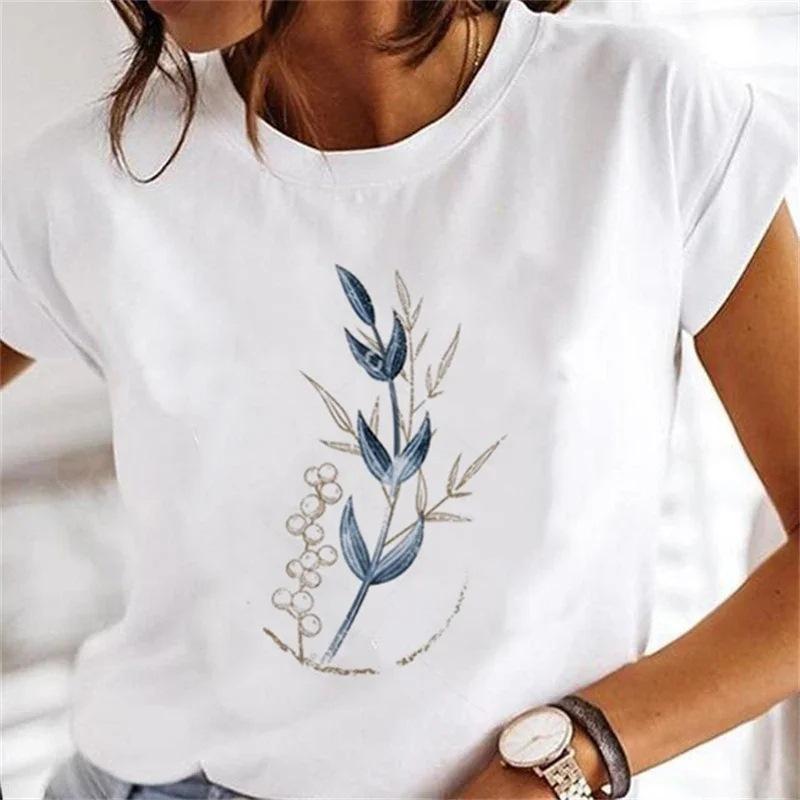Women's Floral Plant Crew Neck Large Size Short Sleeve T-Shirt Women's Top