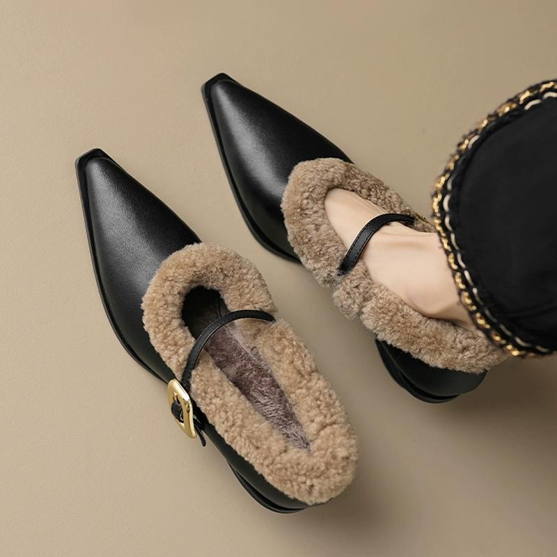 Elegant Metal Buckle Mary Janes Woman Chic Brand Design Fur Women Low Heel Dress Shoes Ladies Winter Warm Plush Belt Pump Zapato