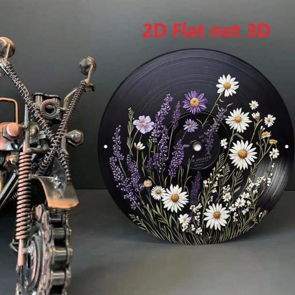 Vintage Floral Record Metal Wall Art 8x8 Inch Round Aluminum Sign Black