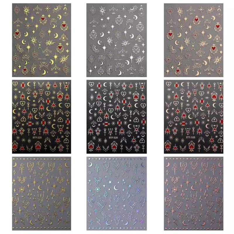 

9 Sheets Bronzing Nails Art Stickers 3D Nail Decals Self-Adhesive Manicures Stickers Sun Star Moon Heart Nail Stickers 1