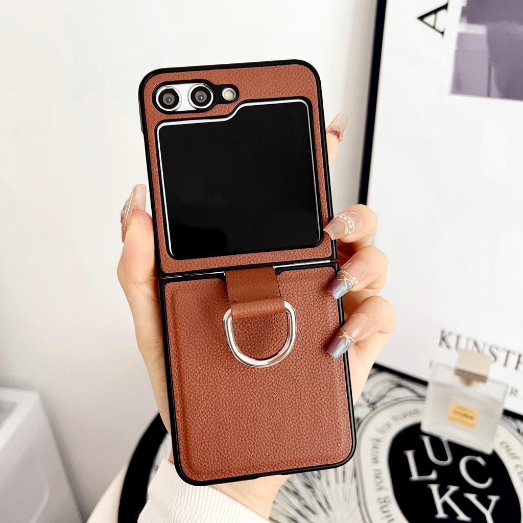 Coque Samsung Z Flip 7/6/5 Texturée Cuir avec Anneau - Housse de Protection Mode Couleur Unie