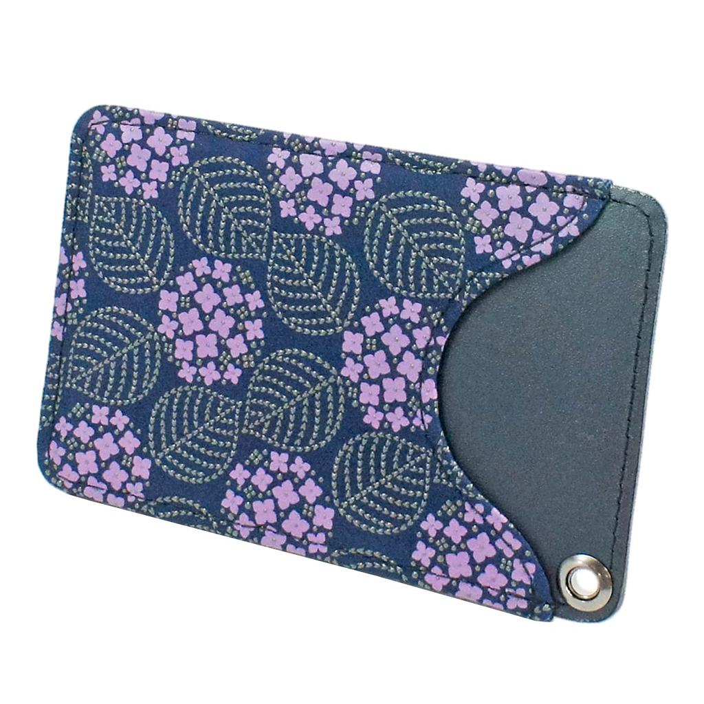 [Inden-ya] Inden Pass Case, Thin Deerskin, Miso, Hydrangea Pattern, Navy Blue with Purple Chintz and Gray Lacquer, 8006