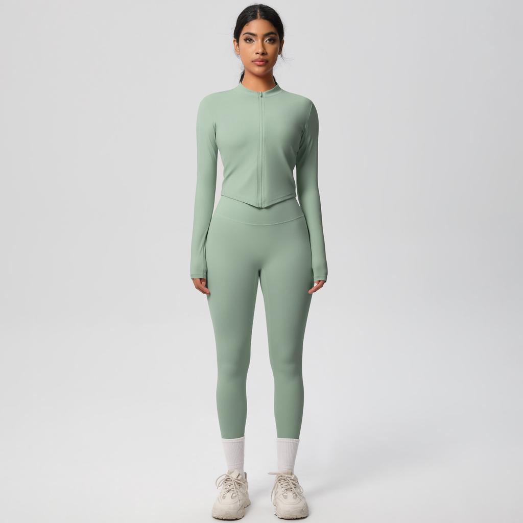 Quick Drying Nude Fitness Zipper Jacket Set, Tight Fitting High Waist And Hip Lifting Yoga Outdoor Running Sports Set, Two-Piece Set For Women