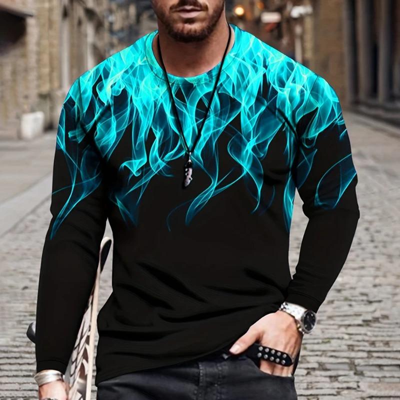 Fall 3D Flame Printing Men's Round Neck Long Sleeve Pullover Fashion Loose T Shirt Retro Street Long Sleeve Round Neck T Shirt