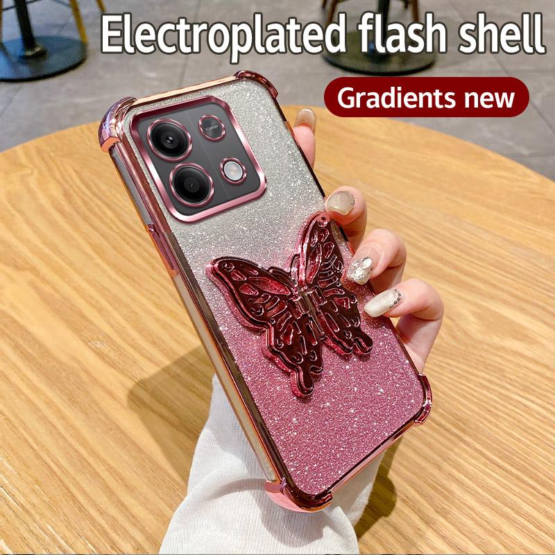 

6D Plating Shockproof Butterfly HolderPhone Case For Xiaomi Redmi Note 9 10 11 12 13 Pro 4G 5G 13R 12S 11S 10S 9S Glitter Cover Redmi 9 рожевий