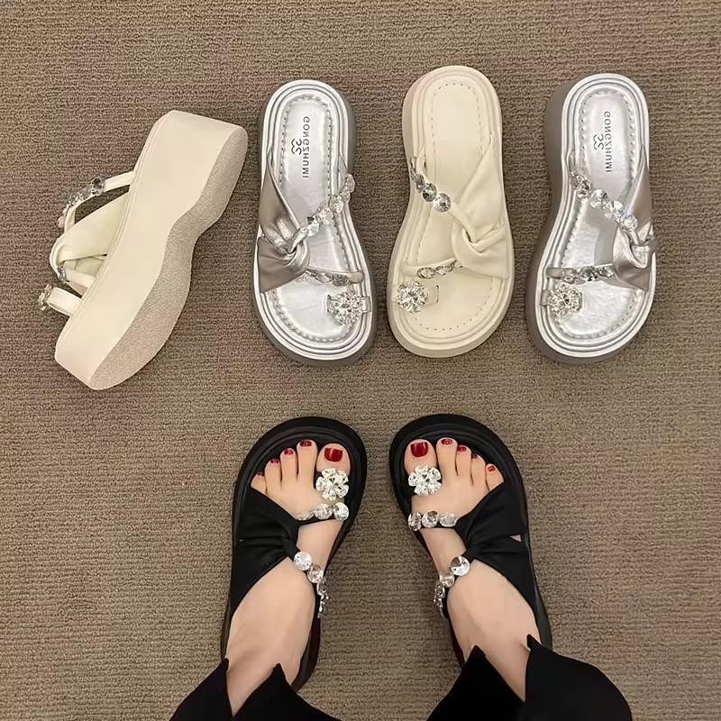 thick-soled heightening and cool slippers for women's summer wear, new models with skirts, fashionable cover, toe rhinestone high-heeled sandals.