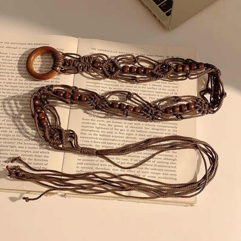 Bohemian Style Butterfly Blue Water Diamond Waist Woven Handmade Wooden Bead Belts Y2K Retro Belt Waist Chain Accessory Skirt