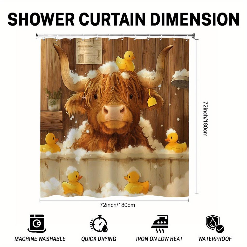 Farmhouse Highland Cattle Shower Curtain Set - Cute Design, Includes 12 Hooks, Perfect for Cattle Lovers, Bathroom Decor