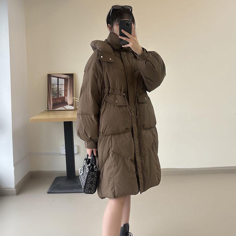 High-End Damen Kapuzen-Langdaunenjacke - Koreanischer Stil, Dick, Oversized, Tailliert, Überknie-Mantel mit Weißenten-Daunen.