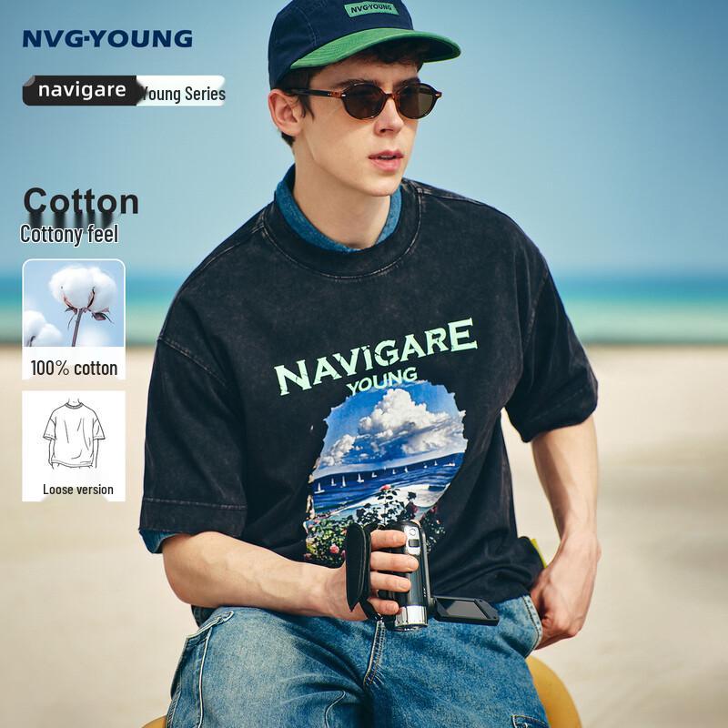 Мужская футболка NVG·YOUNG с принтом парусника, свободного кроя, из стираного хлопка L