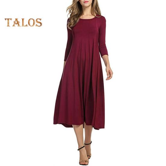 

Женское плиссированное платье А-силуэта миди с рукавами 3/4 и круглым вырезом, свободное платье для летнего пляжного отдыха, струящийся сарафан S вино красного