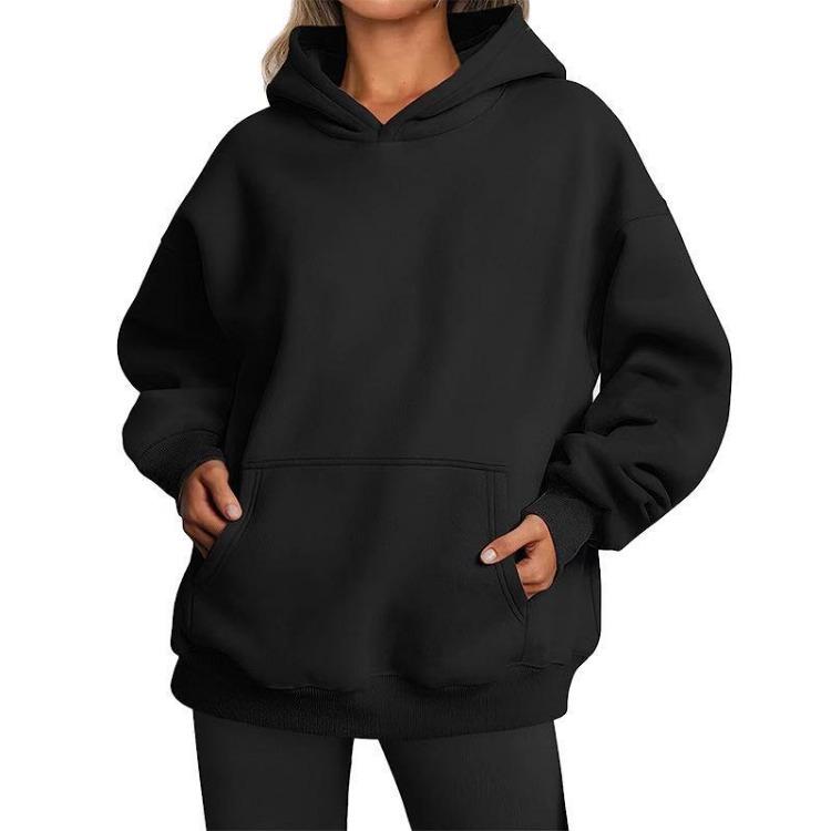 Hooded Sweatshirt Women's Long Sleeve Loose Fit Solid Color Fleece Warm Autumn Winter Style Street Hip Hop Pockets