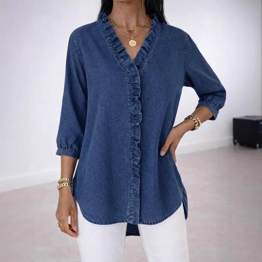 Spring/Summer Women's Casual Faux Denim V-Neck Ruffled Shirt Top