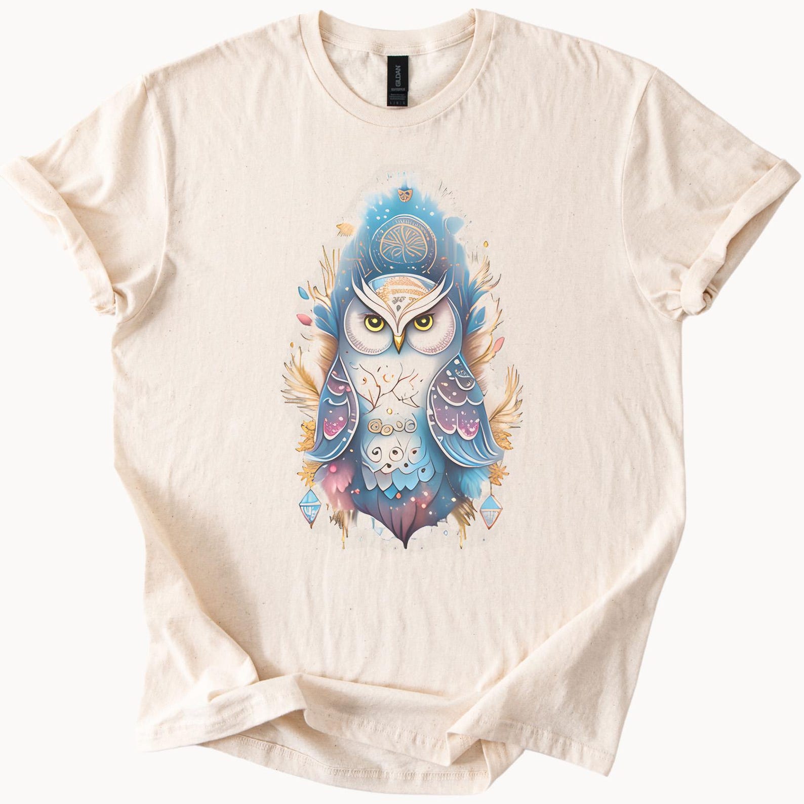 owl abstract watercolor animal graphic celestial boho blue pink nature spirit soft t shirt mystical artistic design 100