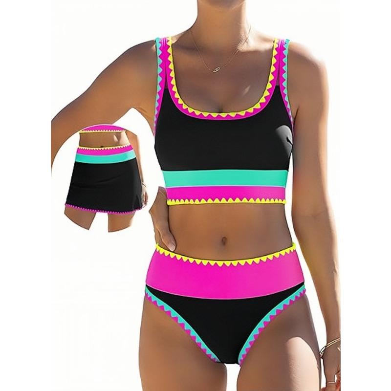 Women High Waist Color Block Three Piece Split Bikini Cover Up Vacation Swimwear