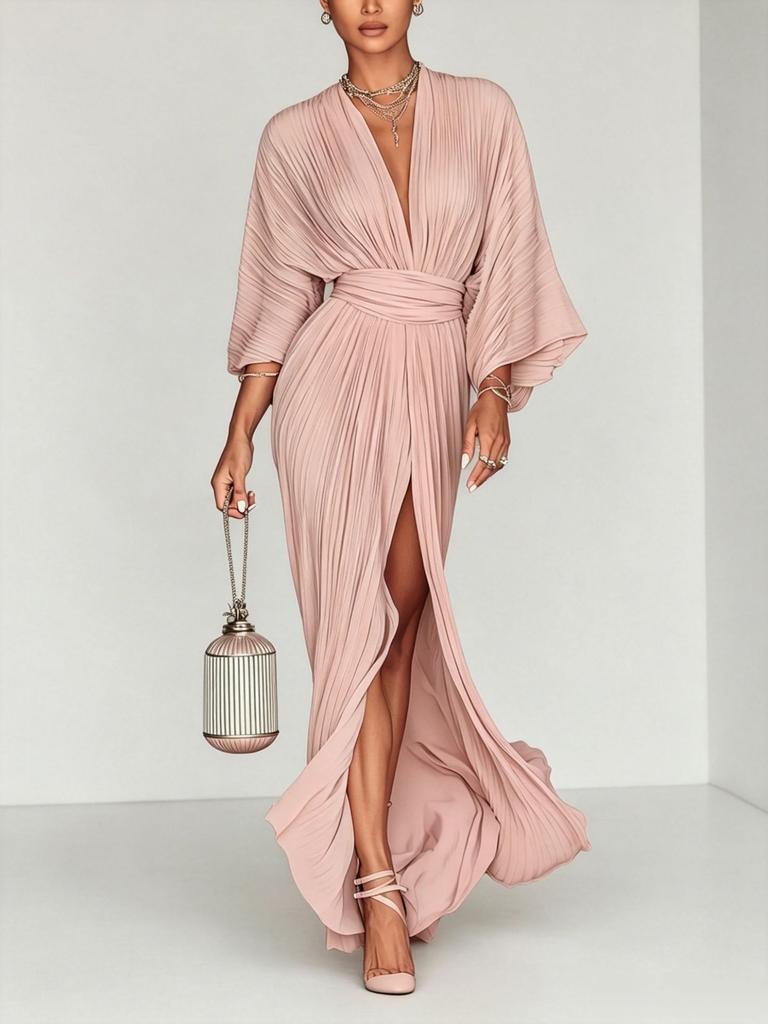 2026 European and American women's fashion dress pleated evening dress elegant split temperament long dress