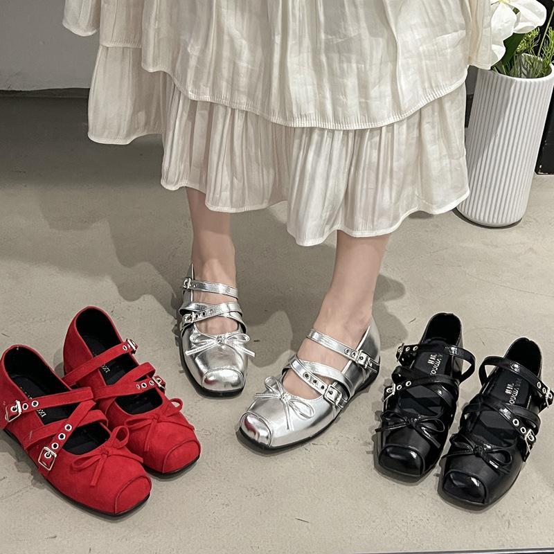 Shallow temperament bow Mary Jane women's shoes summer 2025 new versatile ballet style flat-bottomed rivet shoes