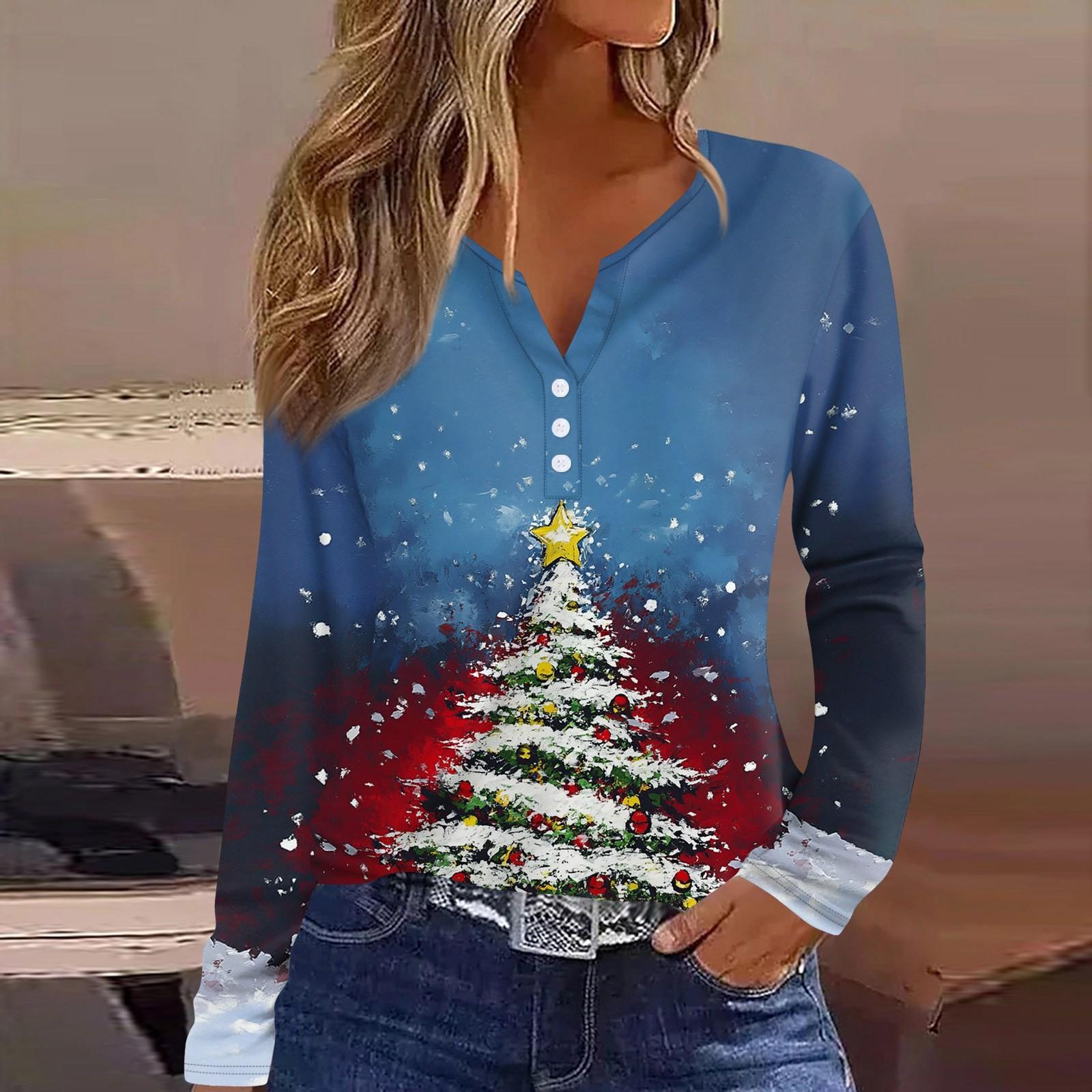 

Женская футболка с рождественским принтом на пуговицах с длинным рукавом, повседневная, выходного дня, модная, базовая, с V-образным вырезом, обычная L