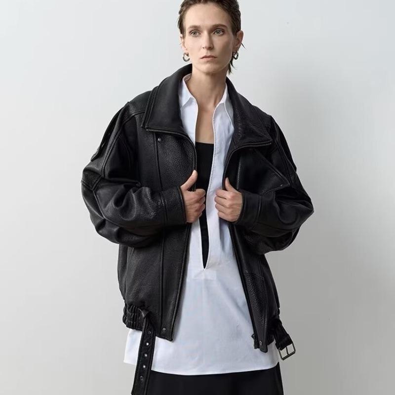 

Кожаная куртка-бомбер унисекс в стиле ретро с длинными рукавами в американском уличном стиле M