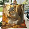1pc Soft Warm Flannel Squirrel & Autumn Forest Print Blanket Cozy Squirrel Design with Squirrel, Acorns & Foliage In Warm Brown Orange Golden Tones, A
