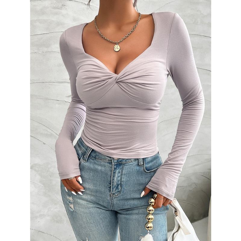 Herbst Frühling Neue Mode Damen Einfache Unifarbene Pendler Oberteile mit Lässigem Temperament