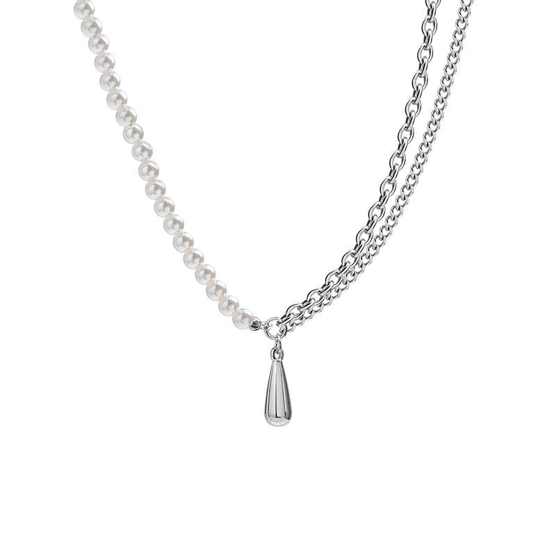 

Asymmetrical Design Double Layer Pearl Titanium Steel Necklace Water Drop Temperament Spice Girl Pendant Sweater Necklace