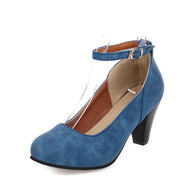 Women High Pumps Ankle Strap Retro Female Thick High Heels Womens Shoes Suede Ladies Black Office Shoes 33-46