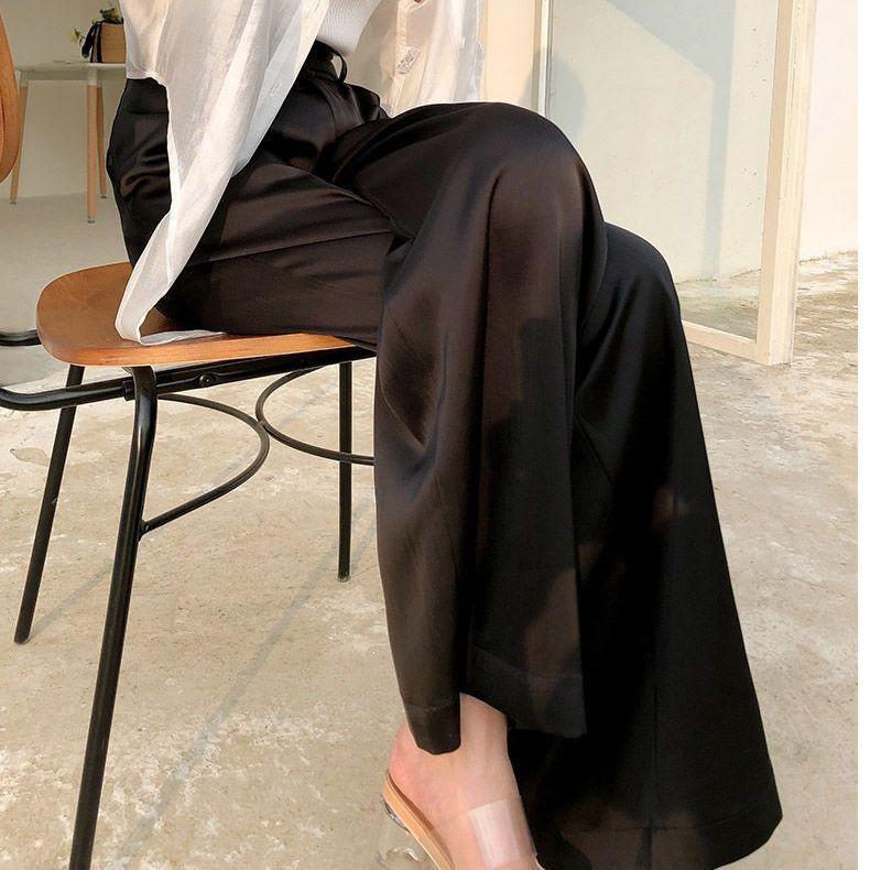 Summer Autumn Women's Trousers Black Straight High-waisted Loose Classic Trousers Casual Silk Satin Wide Leg Trousers for Women