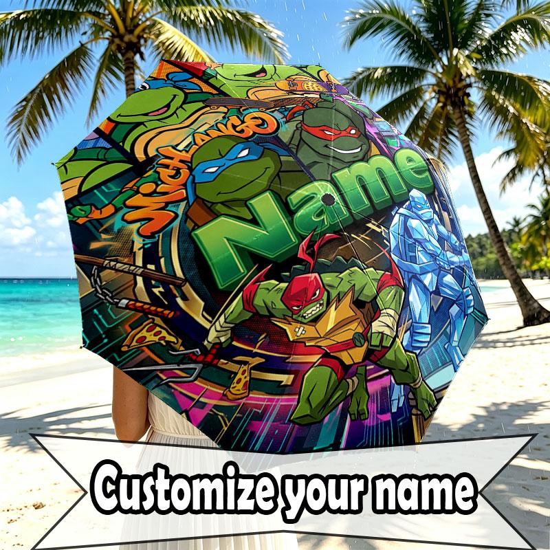 Custom Name Personalized Teenage Mutant Ninja Turtles Print Umbrella, Auto Open Close, 8‑Rib Sturdy Frame, Commute Camping Hiking Use, Birthday Gift