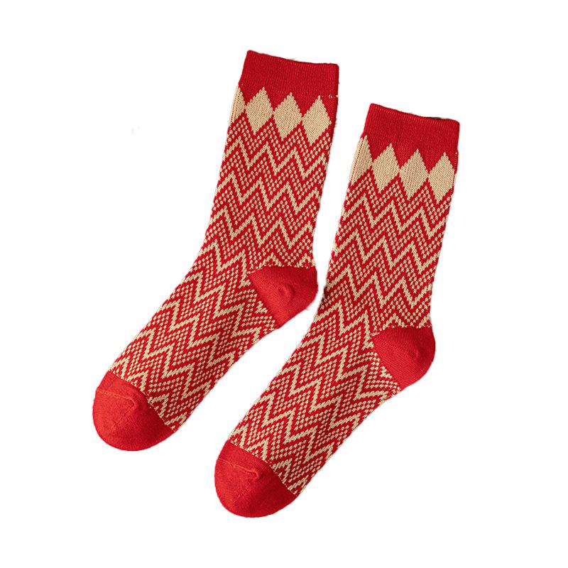 Mid-calf Socks, Red Socks, Wedding, Autumn and Winter Vintage Cotton Pile Socks, Breathable