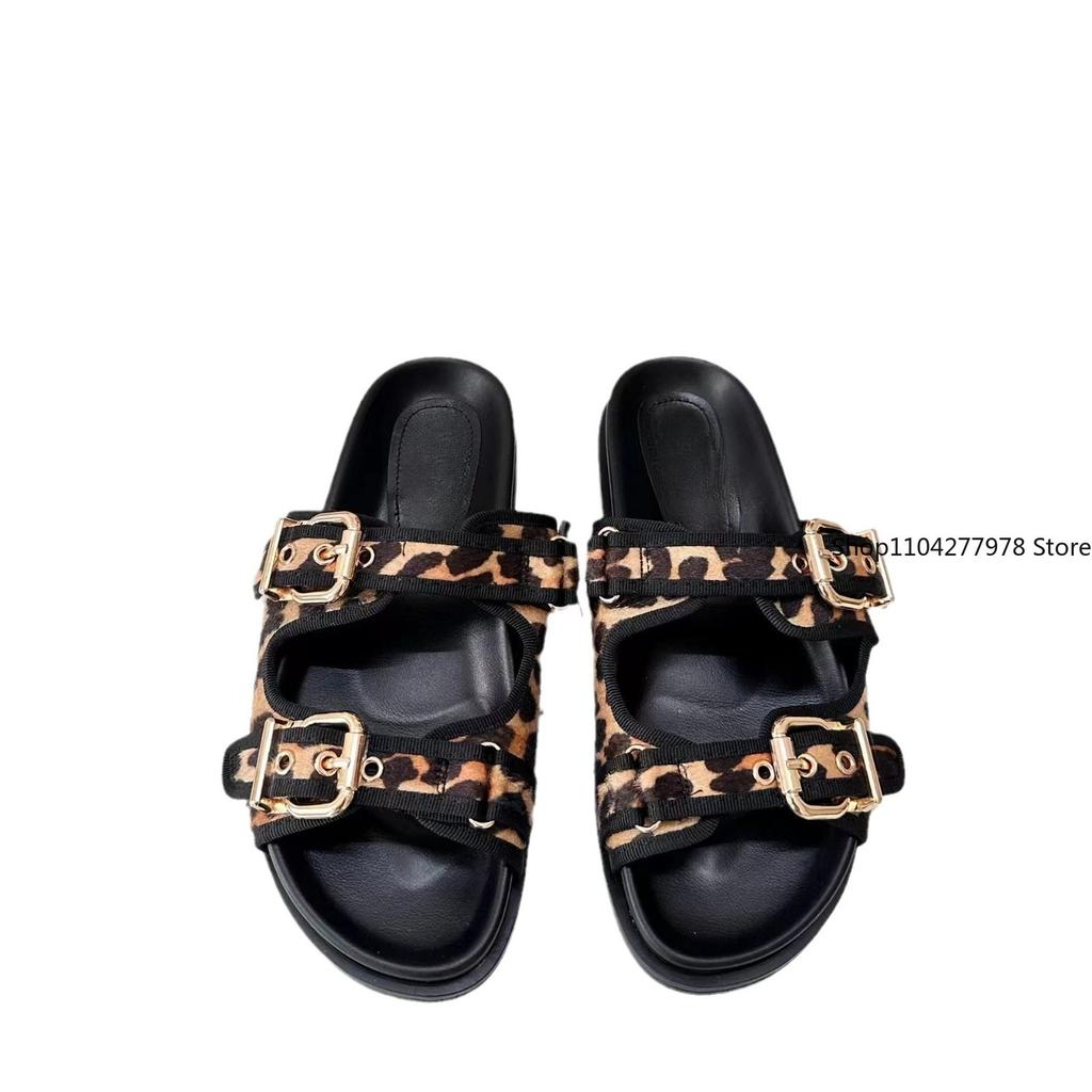 Fashion High Quality Leopard Metal Buckle Design Women Slippers Sexy Comfort Non Slip Slide Sandals Summer Platform Flip Flops Size 43