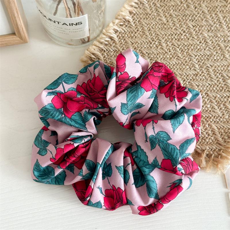 Pretty Floral Print Satin Cloth Scrunchy Women Girls Thick Ponytail Holder Hairbands Ladies Casual Hair Scrunchies Accessories