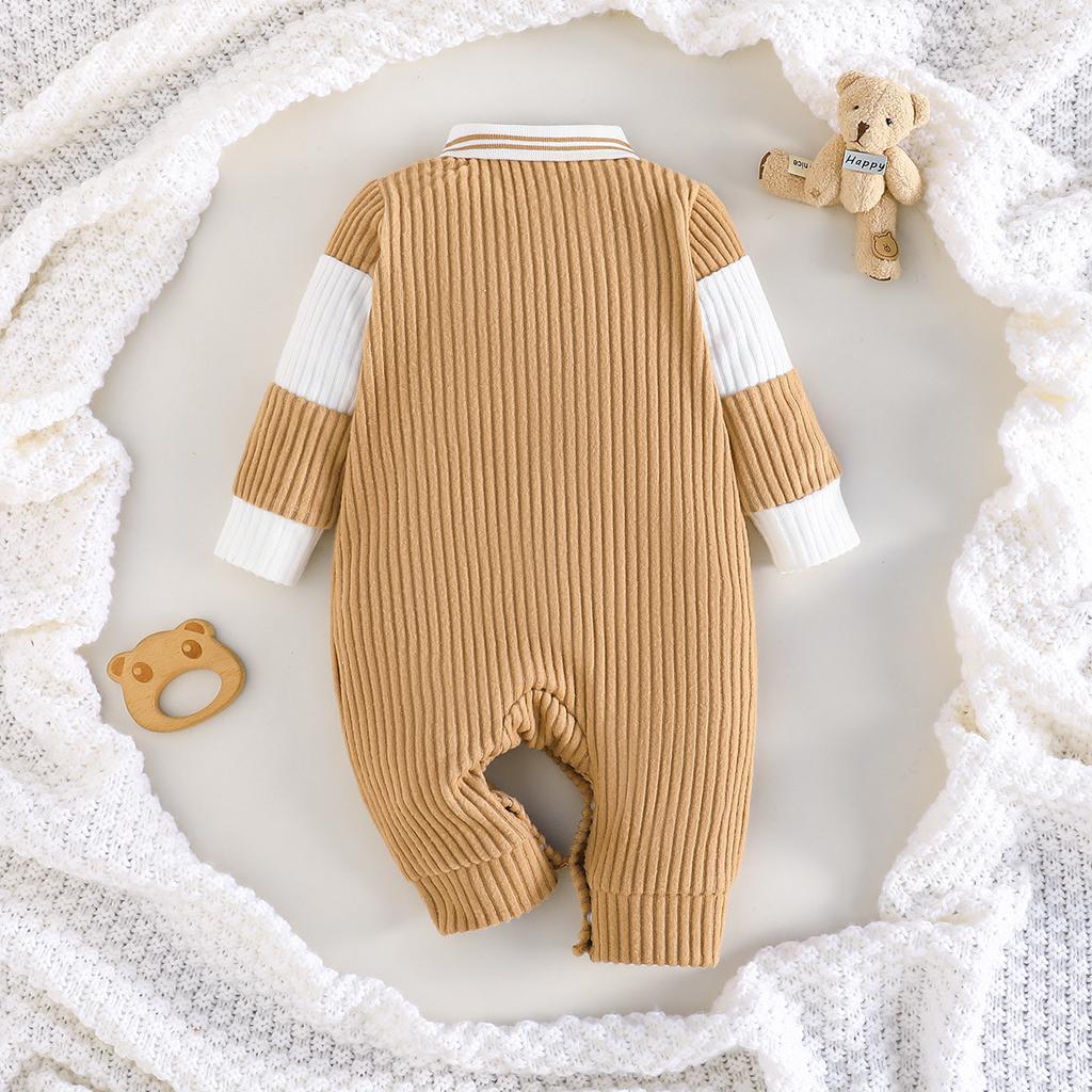 Baby Knitted Jumpsuit Bear Patch Embroidered Turn-Down Collar Romper Baby Spring and Autumn Long Sleeve Romper