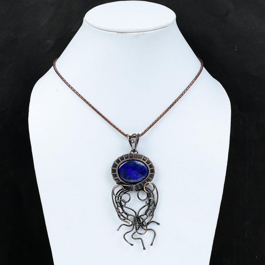 Lapis Lazuli Gemstone Copper Wire Wrap Beautiful Handmade Pendant Designer Jewelry