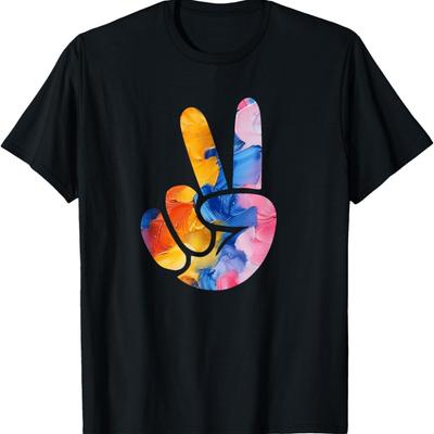 Colorful Silhouette Color Art Watercolor Peace Sign Hand T-Shirt(33)