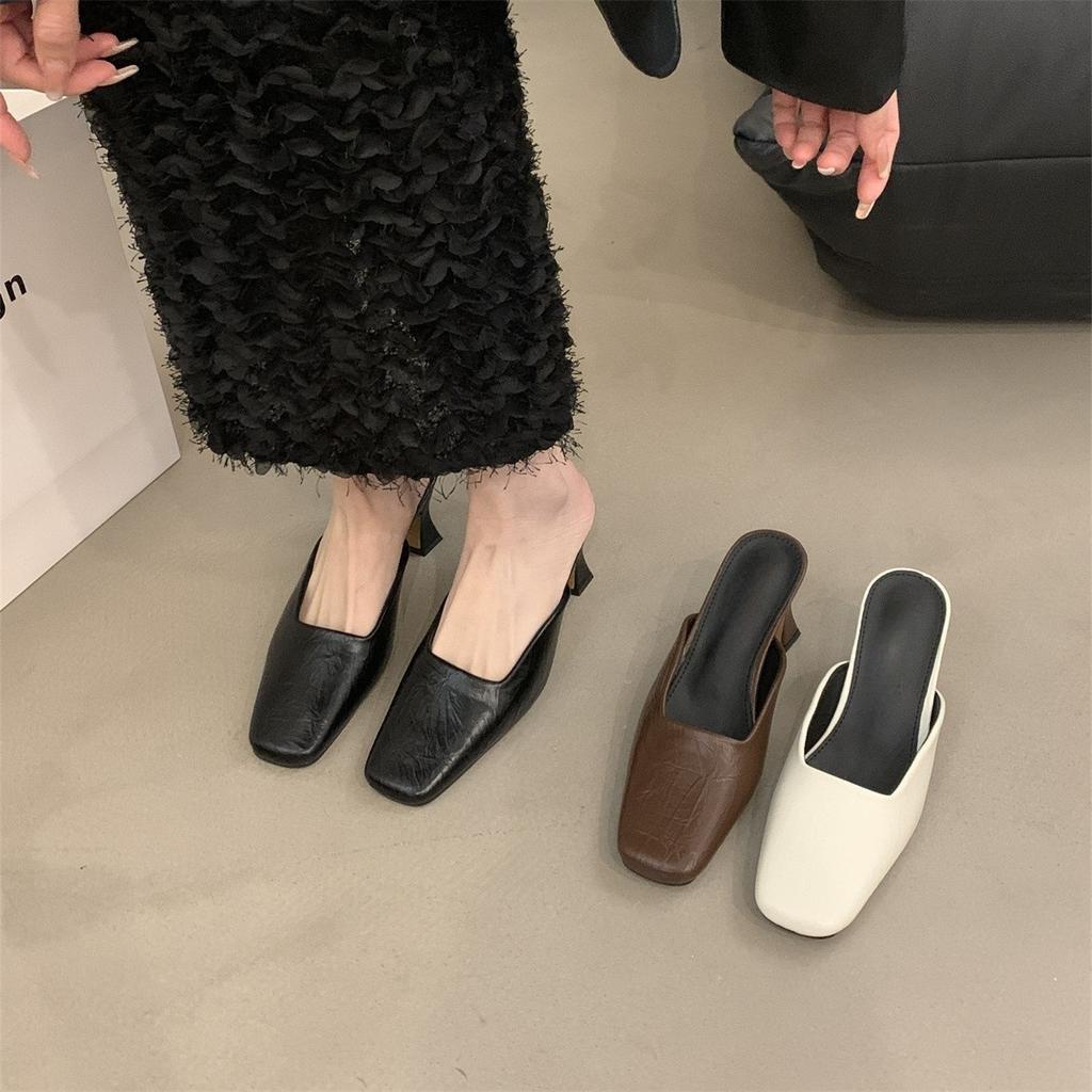 Temperament high-heeled bag head half slippers outer wear women's shoes spring and summer 2025 new thick heel not tired feet shallow mouth single sho