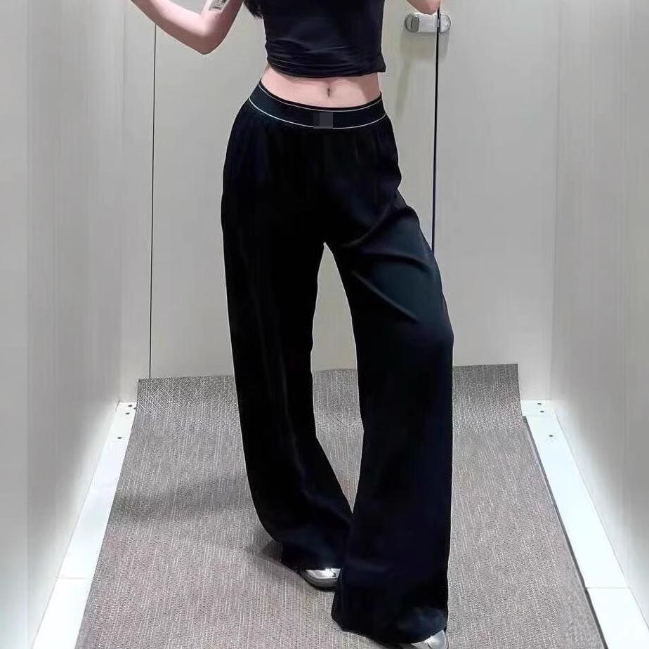 ALO Style High-Waisted Wide-Leg Women's Casual Pants with Reflective Logo Print and Elastic Waist