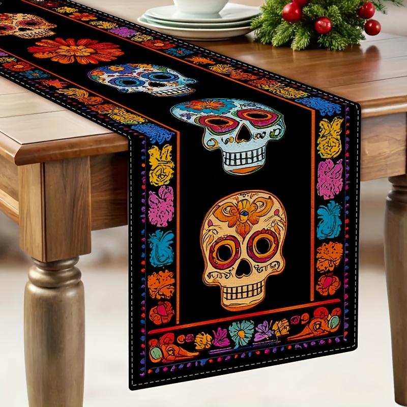 Mexican Day of The Dead Linen Table Runner Home Decor Mexico Sugar Skull Floral Dia De Los Muertos Table Runner Party Decoration
