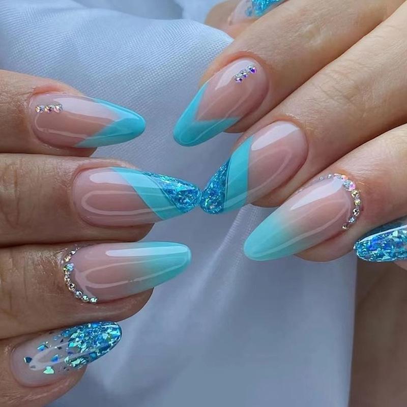 

Blue French Glitter Almond Press-On Nails - Stylish, Chic, and Fresh