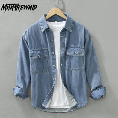 Vår/höst Långärmade Jeansskjortor för Män Japansk Ny Mode Arbetskläder Herr Toppar Ficka Ren Bomull Lös Skjorta Casual Herrkläder