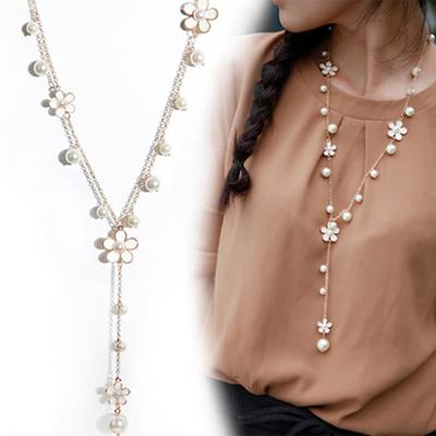 Elegant Faux Pearls Flower Sweater Chain Long Necklace Socialite Lady Jewelry