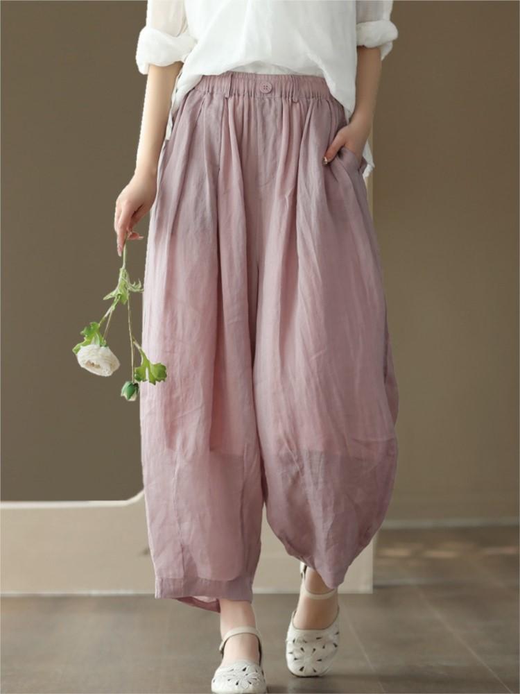 

Johnature женские винтажные однотонные шаровары Ramie с эластичной резинкой на талии, однотонные летние повседневные женские брюки One Size розовый